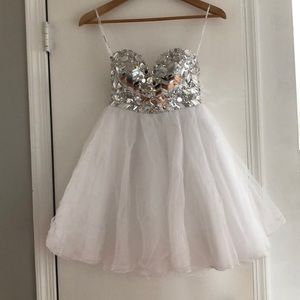 Tony Bowls strapless white bedazzled dress